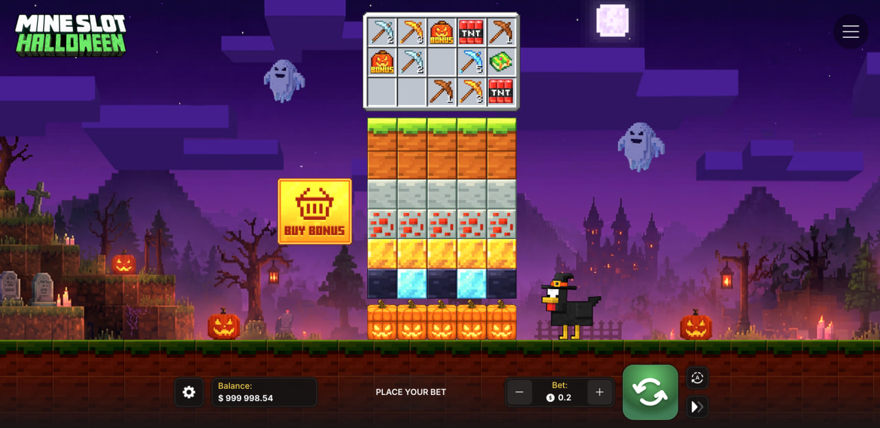 Mine Slot Halloween recenze demo kasino hra – sloupce bloků, krumpáče a tlačítko Buy Bonus