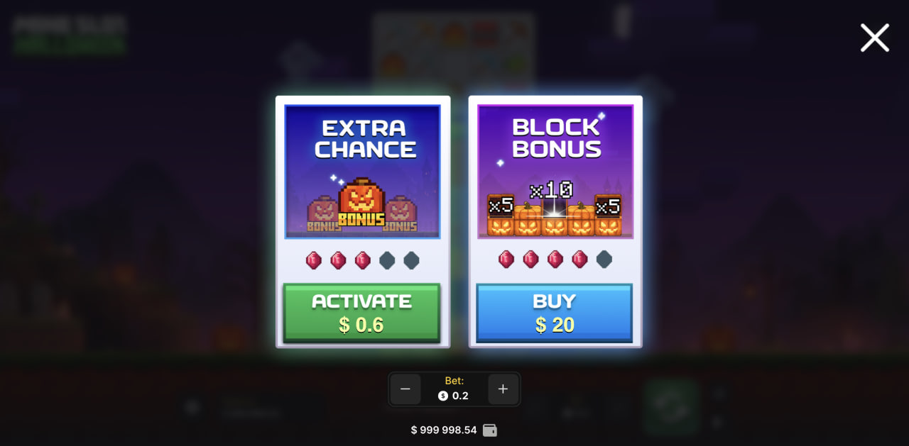 Mine Slot Halloween bonus, promo kód, registrace a podvod – okno Extra Chance a Block Bonus na počítači