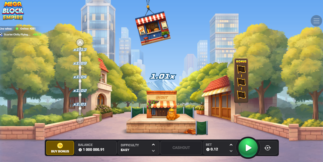 MegaBlock Empire recenze, demo, kasino hra – jeřáb nad věží a aktuální multiplikátor