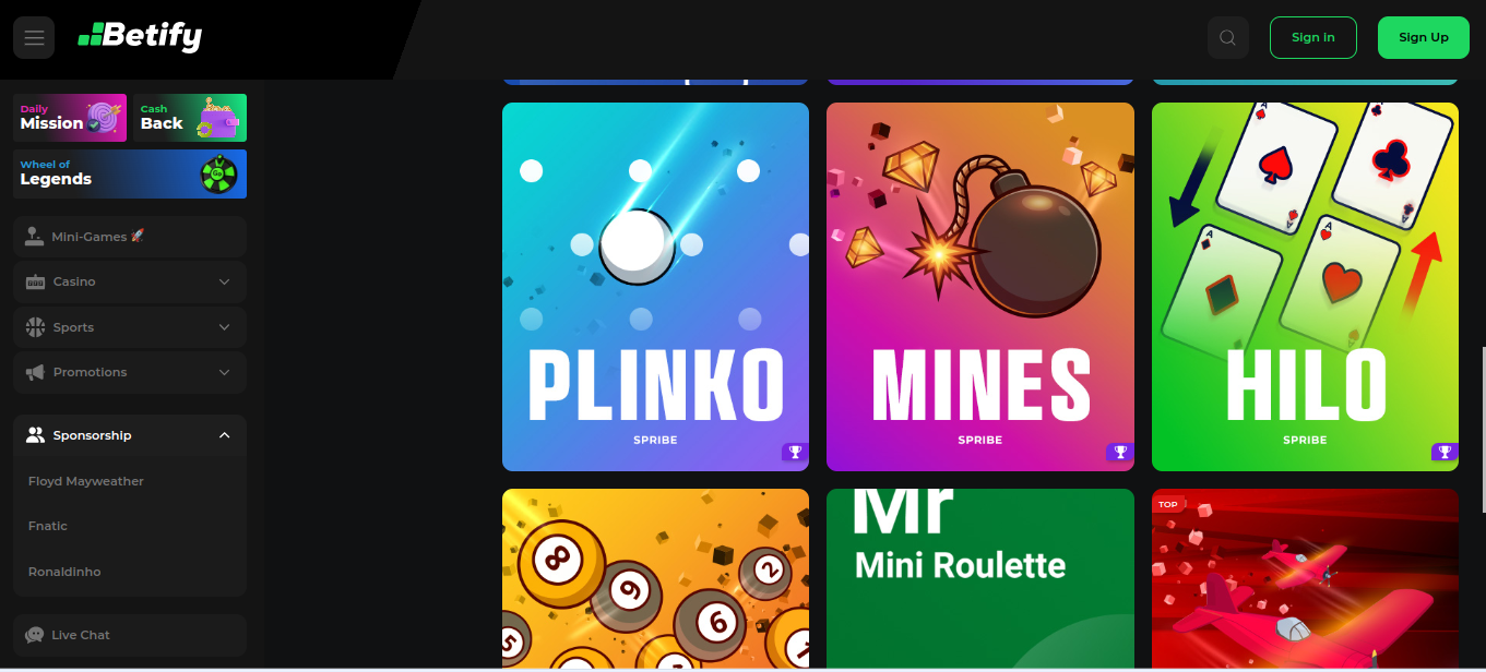 Betify promo kód recenze kasino hra česky: sekce minihier s hrami Plinko, Mines a Hilo