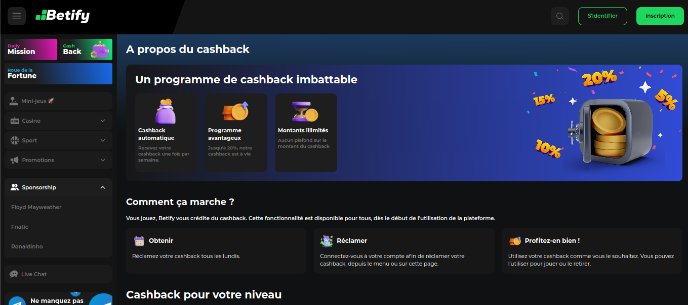 Betify bonus aplikace zdarma: stránka programu týdenního cashbacku na Betify s registrací a promo kódem